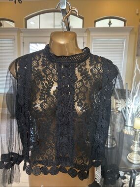 Black Floral Lace Sheer Blouse with Scalloped Hem